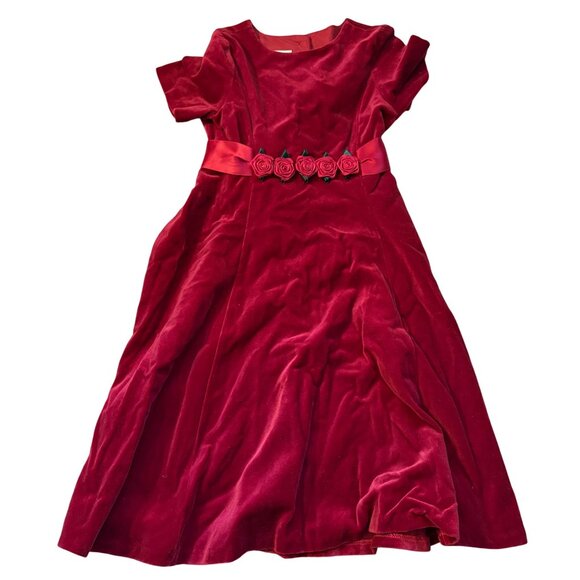 Laura Ashley Red Velvet Short Sleeve Dress With Rose Accent Belt Girls 7 NWT - Picture 1 of 3